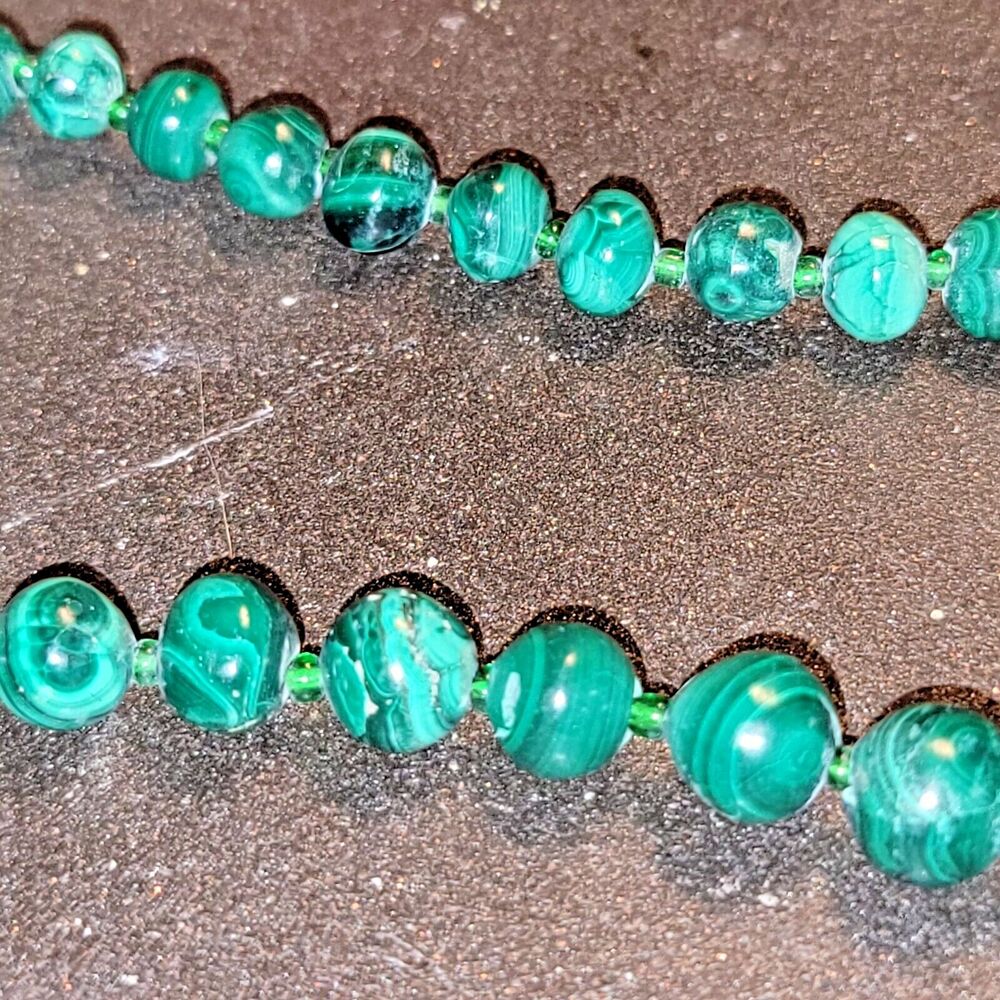 Vintage Natural MALACHITE Hand Turned Malachite Bands Swirls Bead NECKLACE 20.5"